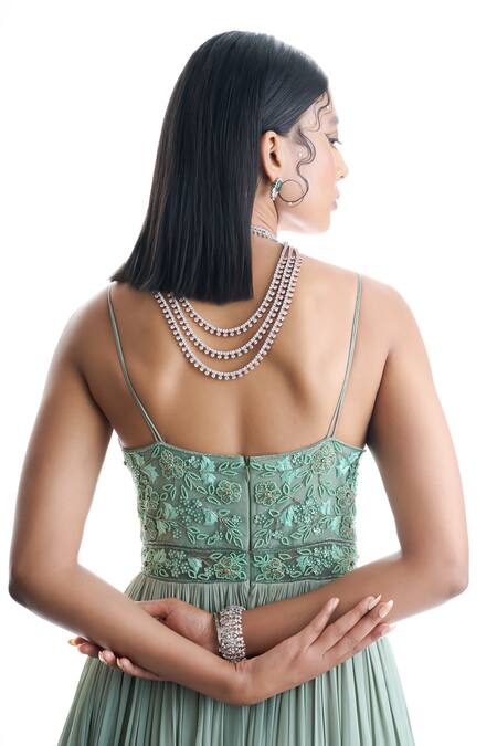 Shop_Damoiselle_Green Georgette, Net, Organza Embroidery, Imperial Sage Anarkali With Dupatta _Online_at_Aza_Fashions