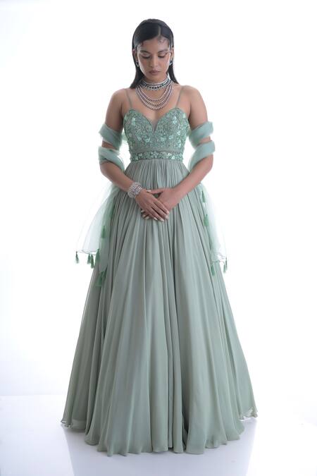 Damoiselle_Green Georgette, Net, Organza Embroidery, Imperial Sage Anarkali With Dupatta _at_Aza_Fashions