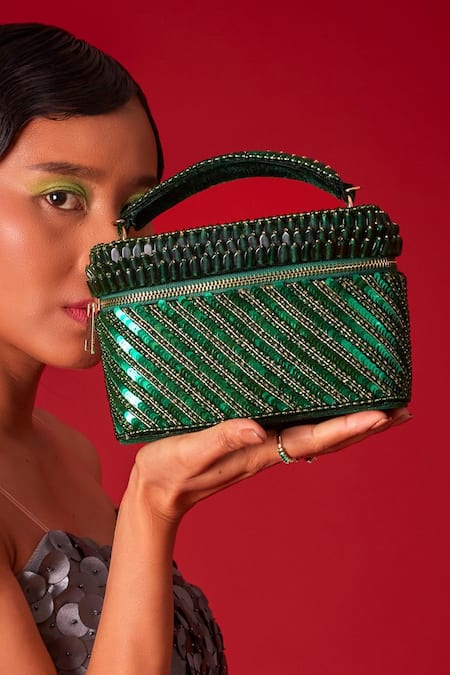 Buy_Forever Noor_Green Sequin Laura Stone And Embellished Cube Bag _Online_at_Aza_Fashions
