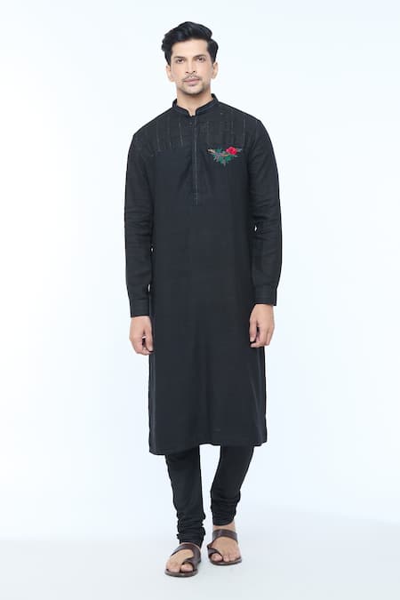 Kishore Ramani Black Handloom Silk Embroidery Rose Square Grid Neck Yoke Kurta With Churidar 