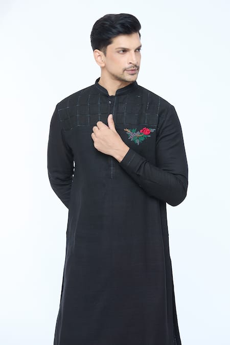 Shop Kishore Ramani Black Handloom Cotton Embroidery Square Grid Neck Yoke Kurta With Churidar Online at Aza Fashions Shop_Kishore Ramani_Black Handloom Cotton Embroidery Square Grid Neck Yoke Kurta With Churidar _Online_at_Aza_Fashions