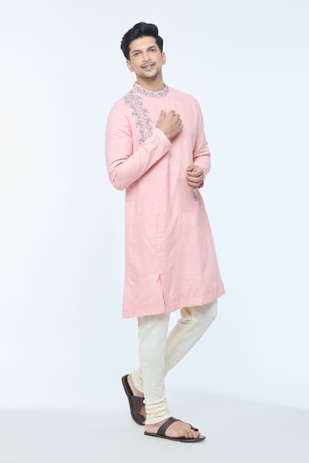 Kishore Ramani Peach Handloom Silk Embroidery Bloom Vine Kurta 