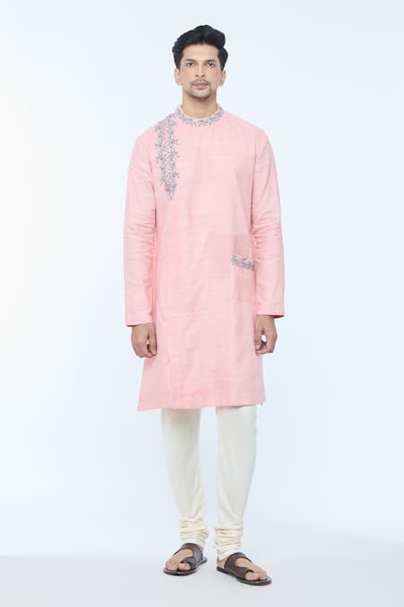 Kishore Ramani Peach Handloom Silk Embroidery Bloom Vine Kurta Online at Aza Fashions Kishore Ramani_Peach Handloom Silk Embroidery Bloom Vine Kurta _Online_at_Aza_Fashions