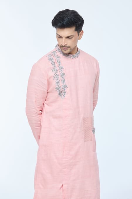 Shop Kishore Ramani Peach Handloom Silk Embroidery Bloom Vine Kurta Online at Aza Fashions Shop_Kishore Ramani_Peach Handloom Silk Embroidery Bloom Vine Kurta _Online_at_Aza_Fashions
