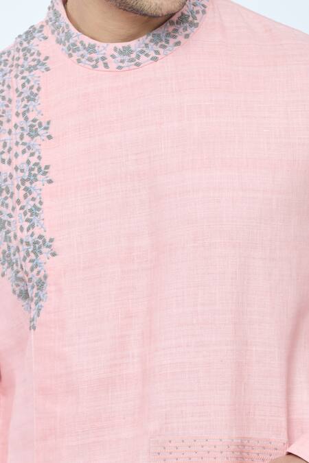 Kishore Ramani Peach Handloom Silk Embroidery Bloom Vine Kurta at Aza Fashions Kishore Ramani_Peach Handloom Silk Embroidery Bloom Vine Kurta _at_Aza_Fashions