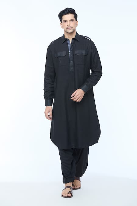 Kishore Ramani Black Handloom Silk Plain Stitchline Placket Work Pathani Kurta With Salwar 