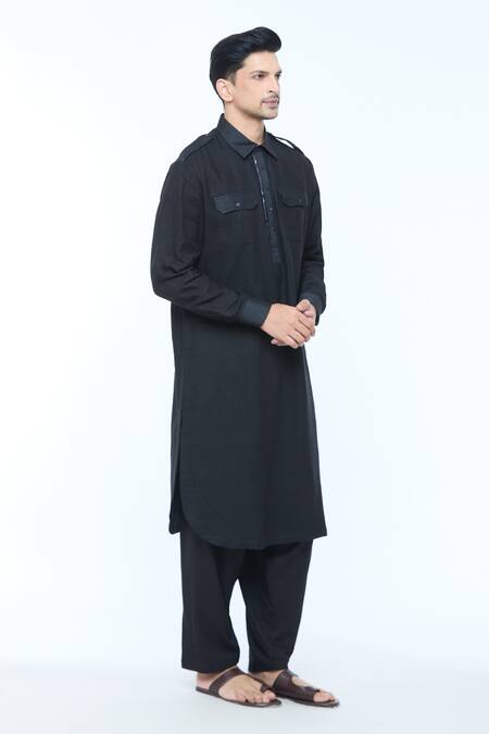 Kishore Ramani_Black Handloom Silk Plain Stitchline Placket Work Pathani Kurta With Salwar _Online_at_Aza_Fashions