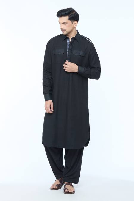 Buy_Kishore Ramani_Black Handloom Silk Plain Stitchline Placket Work Pathani Kurta With Salwar _Online_at_Aza_Fashions