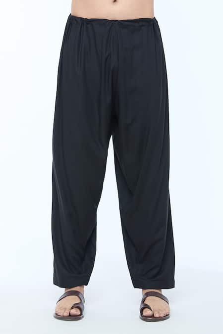 Buy_Kishore Ramani_Black Handloom Silk Plain Stitchline Placket Work Pathani Kurta With Salwar 