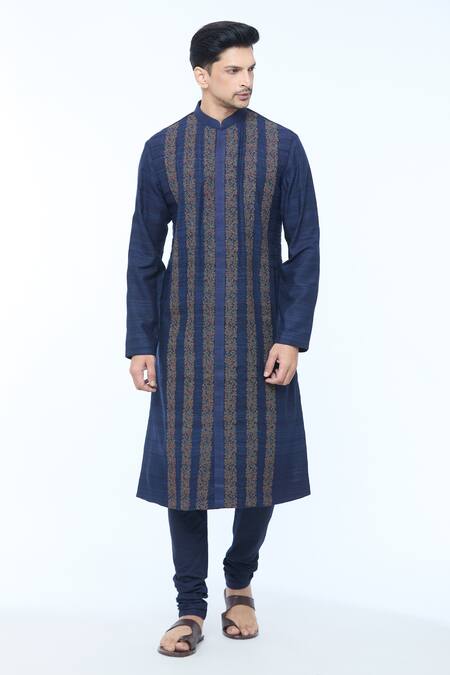 Kishore Ramani_Blue Handloom Silk Embroidery Gul Vine Striped Kurta With Churidar _Online_at_Aza_Fashions