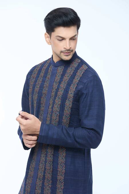 Shop_Kishore Ramani_Blue Handloom Silk Embroidery Gul Vine Striped Kurta With Churidar _Online_at_Aza_Fashions