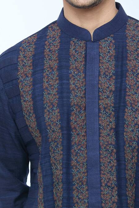 Kishore Ramani_Blue Handloom Silk Embroidery Gul Vine Striped Kurta With Churidar _at_Aza_Fashions