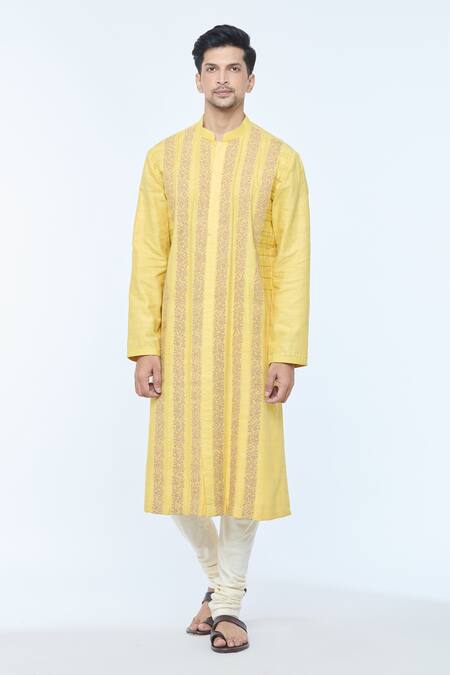 Kishore Ramani_Yellow Handloom , Striped Phool Vine Kurta With Churidar _Online_at_Aza_Fashions
