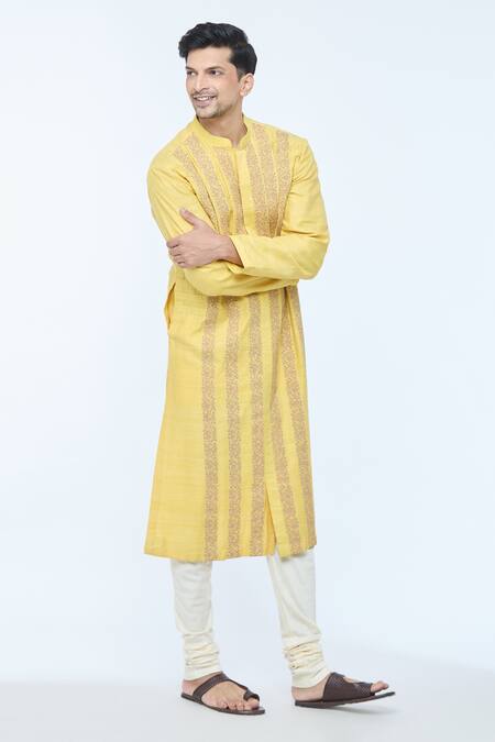 Buy_Kishore Ramani_Yellow Handloom , Striped Phool Vine Kurta With Churidar _Online_at_Aza_Fashions