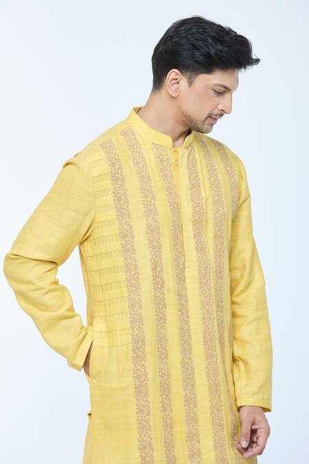 Shop_Kishore Ramani_Yellow Handloom , Striped Phool Vine Kurta With Churidar _Online_at_Aza_Fashions
