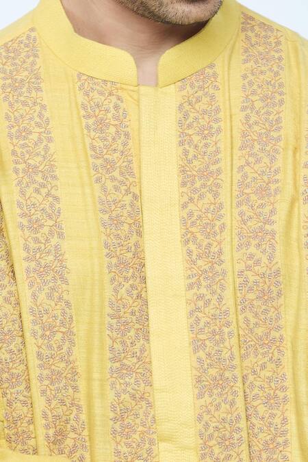 Kishore Ramani_Yellow Handloom , Striped Phool Vine Kurta With Churidar _at_Aza_Fashions