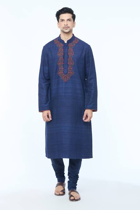Kishore Ramani_Blue Handloom Cotton Embroidery Floral Vine Kurta With Churidar _Online_at_Aza_Fashions