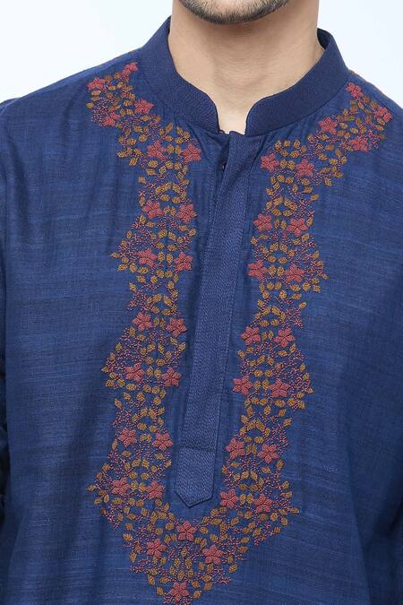 Shop_Kishore Ramani_Blue Handloom Cotton Embroidery Floral Vine Kurta With Churidar _Online_at_Aza_Fashions