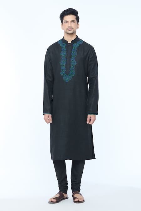 Kishore Ramani_Black Handloom Cotton Embroidery Fleur Vine Kurta With Churidar _Online_at_Aza_Fashions