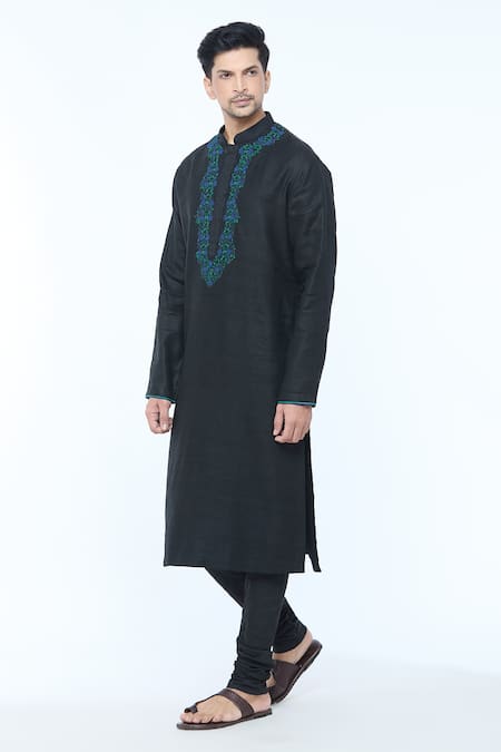 Buy_Kishore Ramani_Black Handloom Cotton Embroidery Fleur Vine Kurta With Churidar _Online_at_Aza_Fashions