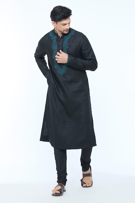 Shop_Kishore Ramani_Black Handloom Cotton Embroidery Fleur Vine Kurta With Churidar _Online_at_Aza_Fashions