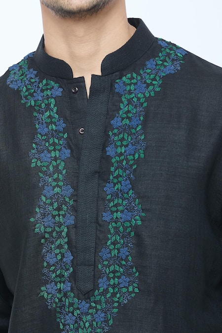 Kishore Ramani_Black Handloom Cotton Embroidery Fleur Vine Kurta With Churidar _at_Aza_Fashions