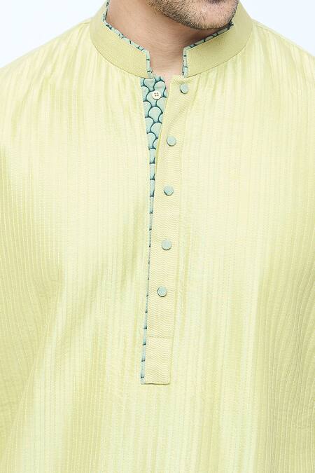 Shop_Kishore Ramani_Green Katan Spacetucked Kurta With Churidar _Online_at_Aza_Fashions