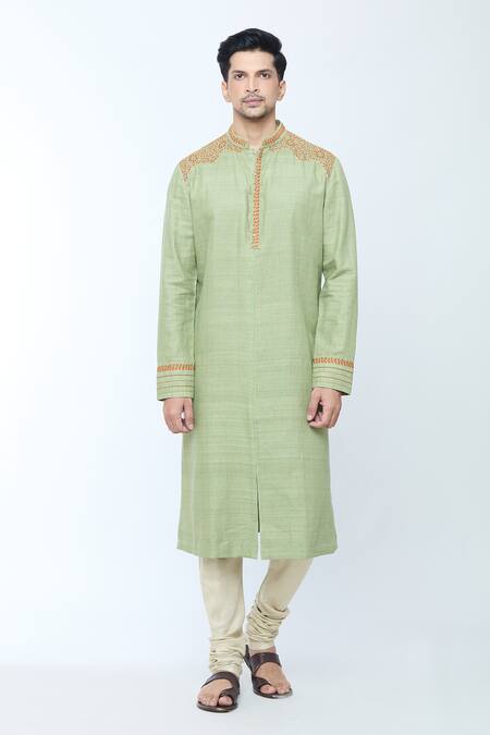 Kishore Ramani_Green Handloom Cotton, Silk Embroidery Mosaic Bloom Kurta With Churidar _Online_at_Aza_Fashions