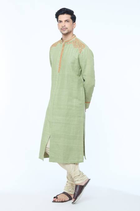 Buy_Kishore Ramani_Green Handloom Cotton, Silk Embroidery Mosaic Bloom Kurta With Churidar _Online_at_Aza_Fashions