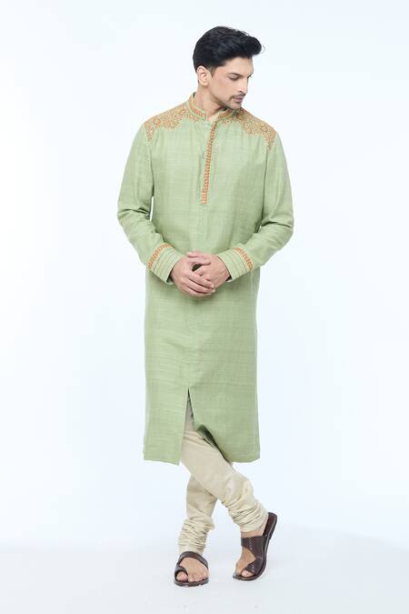 Shop_Kishore Ramani_Green Handloom Cotton, Silk Embroidery Mosaic Bloom Kurta With Churidar _Online_at_Aza_Fashions