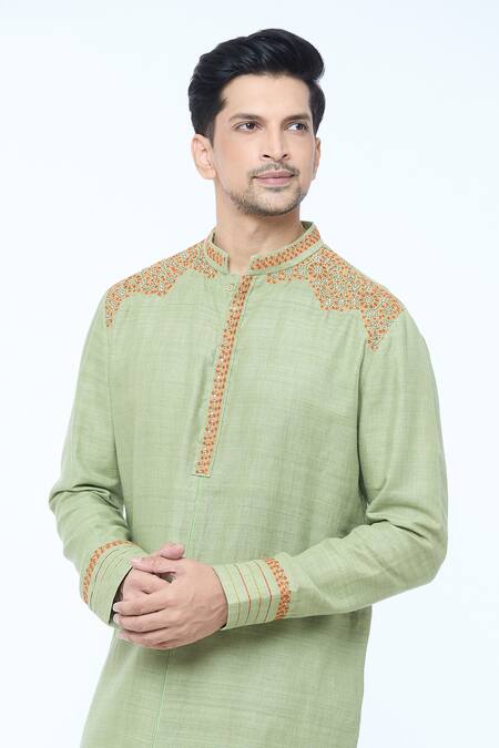 Kishore Ramani_Green Handloom Cotton, Silk Embroidery Mosaic Bloom Kurta With Churidar _at_Aza_Fashions