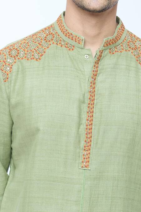 Buy_Kishore Ramani_Green Handloom Cotton, Silk Embroidery Mosaic Bloom Kurta With Churidar 