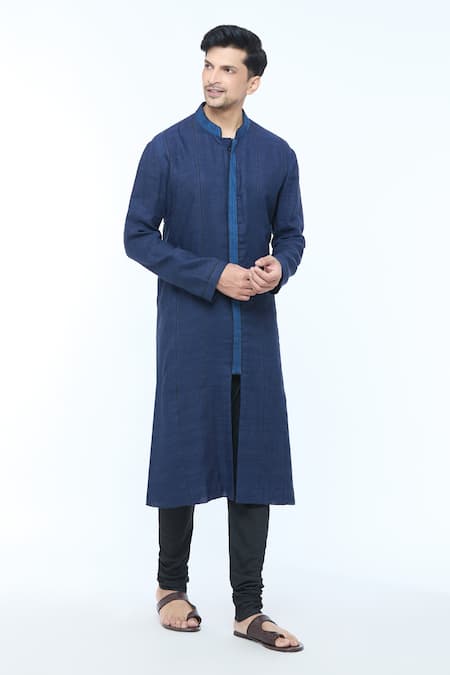 Kishore Ramani Blue Handloom Silk Piping Chevron Placket Woven Panelled Kurta 