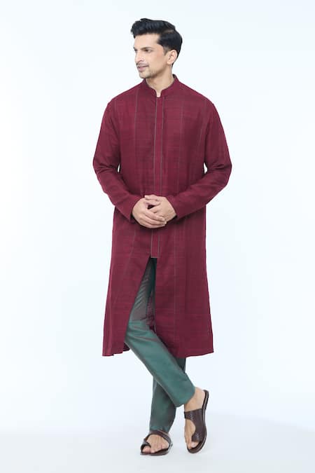 Kishore Ramani Chevron Placket Woven Piping Panelled Kurta With Trouser 