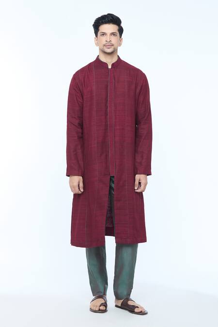 Kishore Ramani_Maroon Handloom Cotton, Silk Chevron Placket Woven Panelled Kurta With Trouser _Online_at_Aza_Fashions