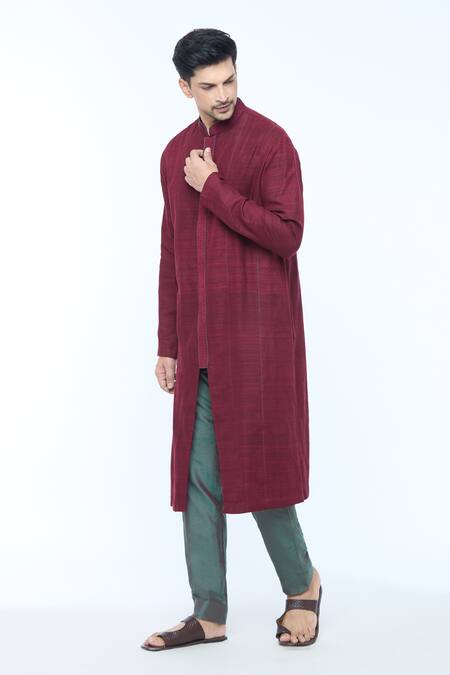 Buy_Kishore Ramani_Maroon Handloom Cotton, Silk Chevron Placket Woven Panelled Kurta With Trouser _Online_at_Aza_Fashions