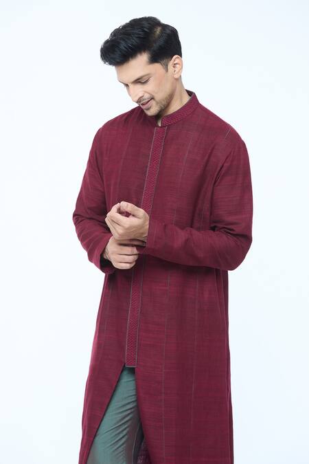 Shop_Kishore Ramani_Maroon Handloom Cotton, Silk Chevron Placket Woven Panelled Kurta With Trouser _Online_at_Aza_Fashions
