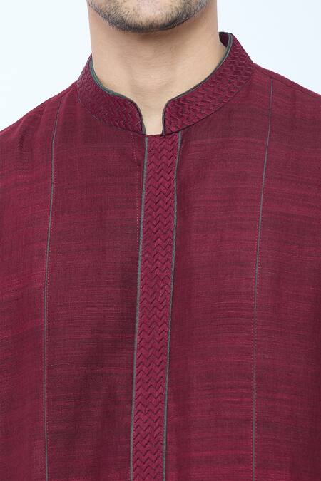 Kishore Ramani_Maroon Handloom Cotton, Silk Chevron Placket Woven Panelled Kurta With Trouser _at_Aza_Fashions