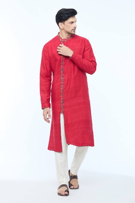 Buy_Kishore Ramani_Red Handloom Silk Pashmina Border Asymmetric Kurta With Churidar _Online_at_Aza_Fashions