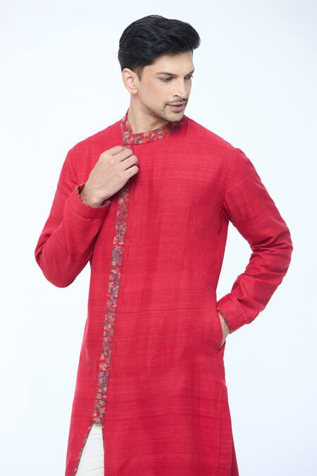 Shop_Kishore Ramani_Red Handloom Silk Pashmina Border Asymmetric Kurta With Churidar _Online_at_Aza_Fashions