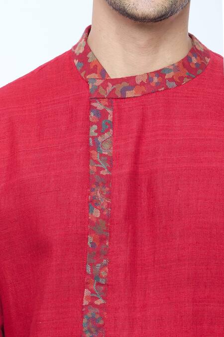Kishore Ramani_Red Handloom Silk Pashmina Border Asymmetric Kurta With Churidar _at_Aza_Fashions