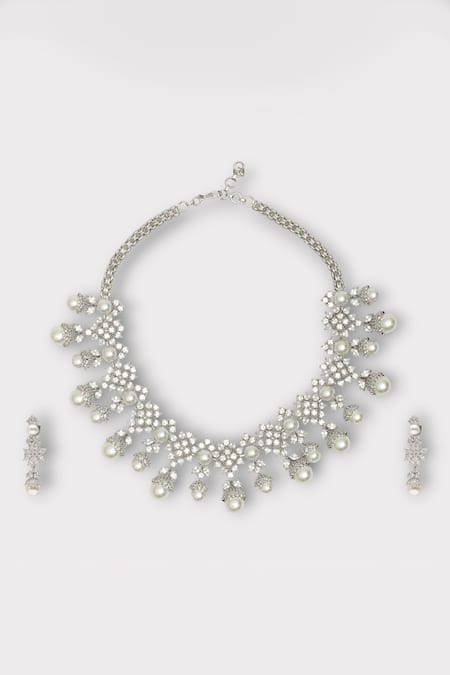 Zaza By Somya White Zircon Delight Studded Floral Necklace Set 