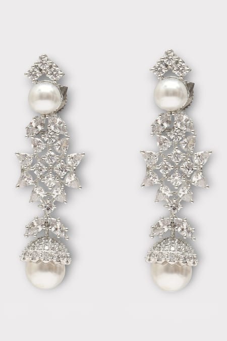 Zaza By Somya_White Pearls, Zari Delight Zircon Studded Floral Necklace Set _Online_at_Aza_Fashions