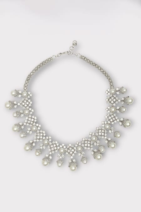 Buy_Zaza By Somya_White Pearls, Zari Delight Zircon Studded Floral Necklace Set _Online_at_Aza_Fashions