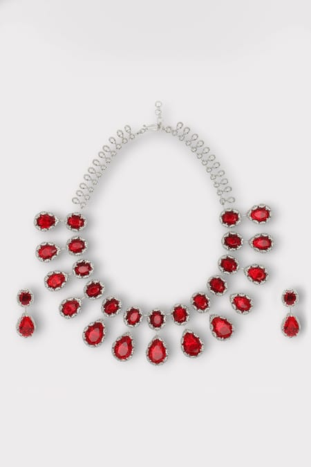 Zaza By Somya Red Ruby Tempest Studded Drop Necklace Set 