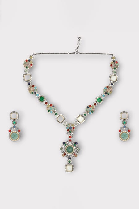 Zaza By Somya Multi Color Stone Graceful Studded Floral Necklace Set 