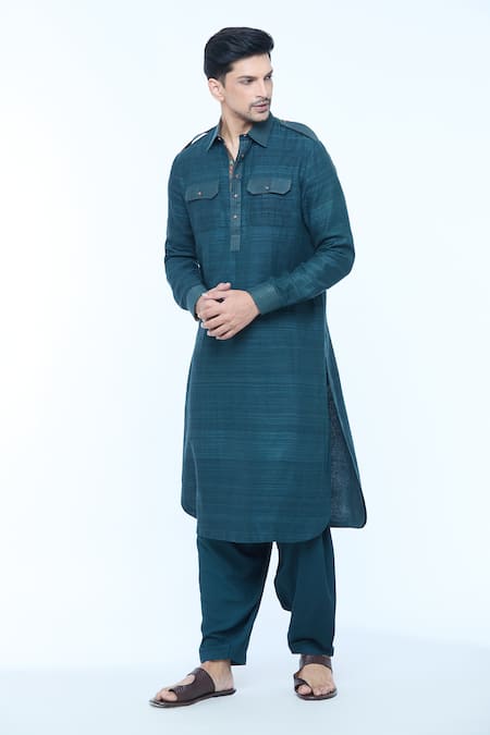 Kishore Ramani Blue Handloom Silk Textured Stitchline Placket Work Pathani Kurta With Salwar 