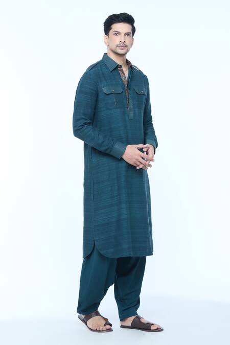 Buy Kishore Ramani Blue Handloom Silk Textured Stitchline Placket Work Pathani Kurta With Salwar Online at Aza Fashions Buy_Kishore Ramani_Blue Handloom Silk Textured Stitchline Placket Work Pathani Kurta With Salwar _Online_at_Aza_Fashions