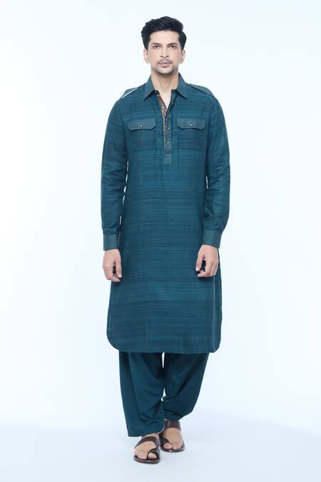 Shop Kishore Ramani Blue Handloom Silk Textured Stitchline Placket Work Pathani Kurta With Salwar Online at Aza Fashions Shop_Kishore Ramani_Blue Handloom Silk Textured Stitchline Placket Work Pathani Kurta With Salwar _Online_at_Aza_Fashions