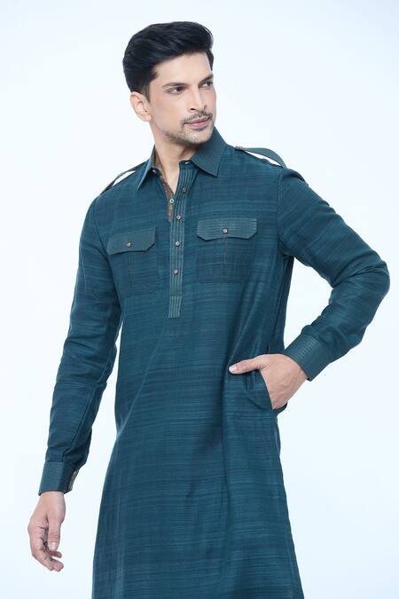 Kishore Ramani Blue Handloom Silk Textured Stitchline Placket Work Pathani Kurta With Salwar at Aza Fashions Kishore Ramani_Blue Handloom Silk Textured Stitchline Placket Work Pathani Kurta With Salwar _at_Aza_Fashions